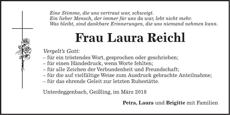 Traueranzeige Laura Reichl
