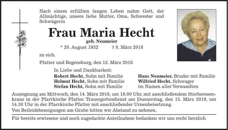 Traueranzeige Maria Hecht