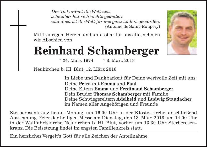 Traueranzeige Reinhard Schamberger