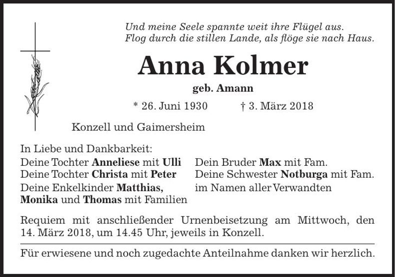 Traueranzeige Anna Kolmer