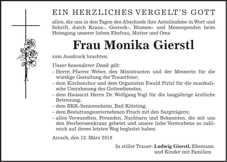 Traueranzeige Monika Gierstl