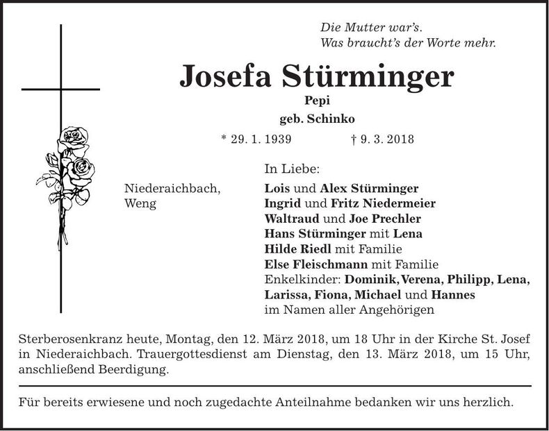 Traueranzeige Josefa Stürminger