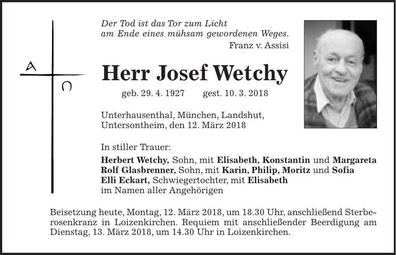 Traueranzeige Josef Wetchy