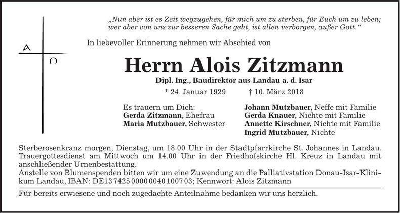Traueranzeige Alois Zitzmann