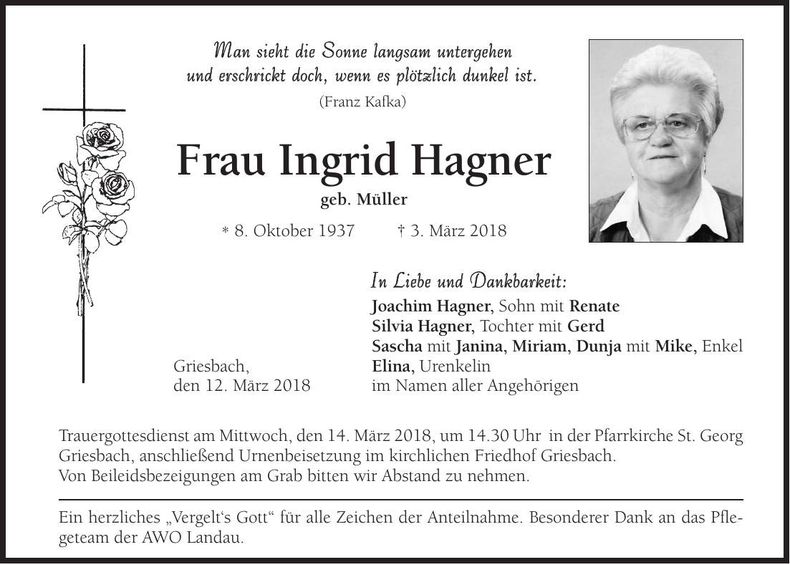 Traueranzeige Ingrid Hager