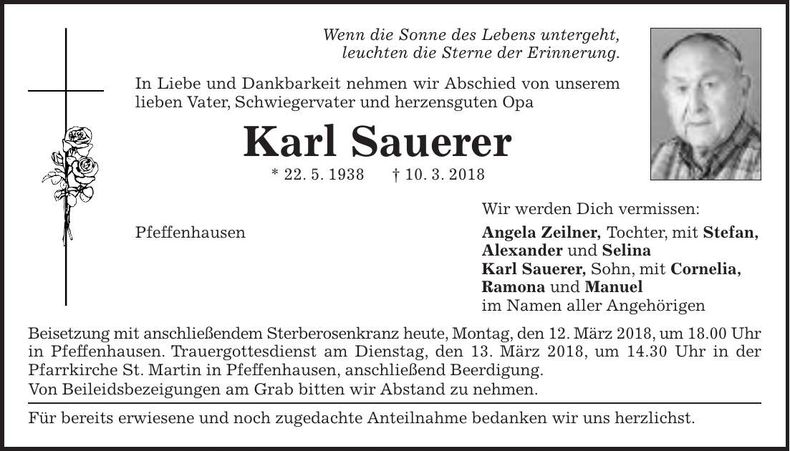 Traueranzeige Karl Sauerer