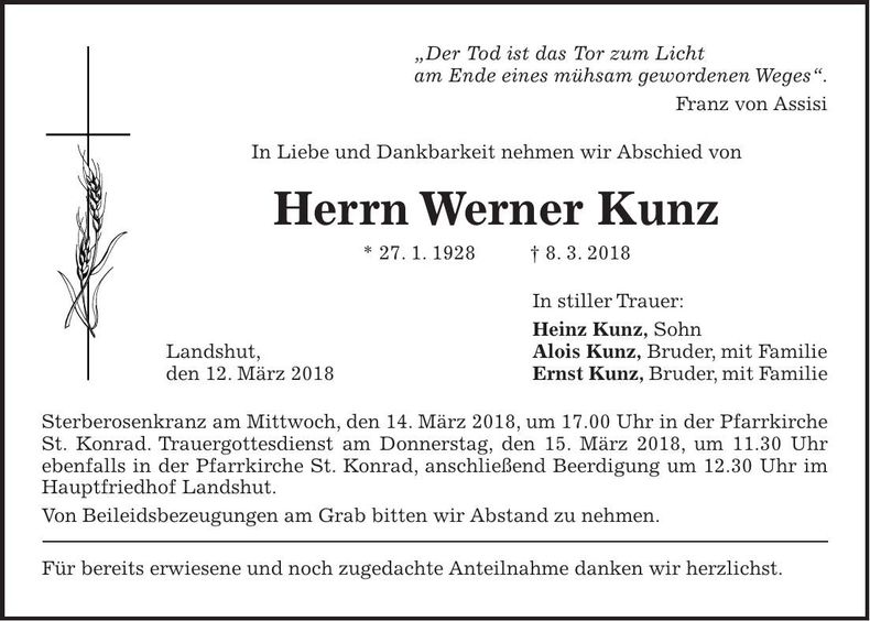 Traueranzeige Werner Kunz