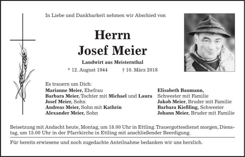 Traueranzeige Josef Meier