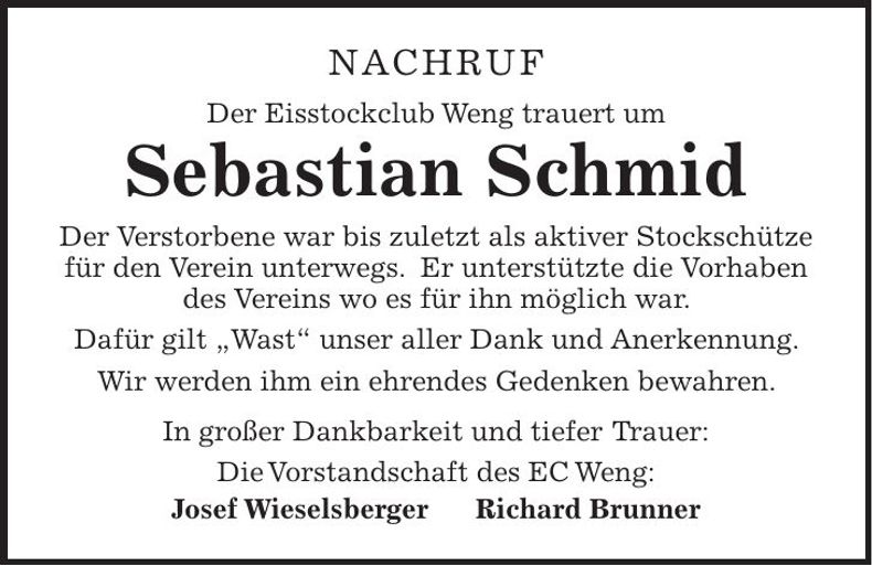 Traueranzeige Sebastian Schmid