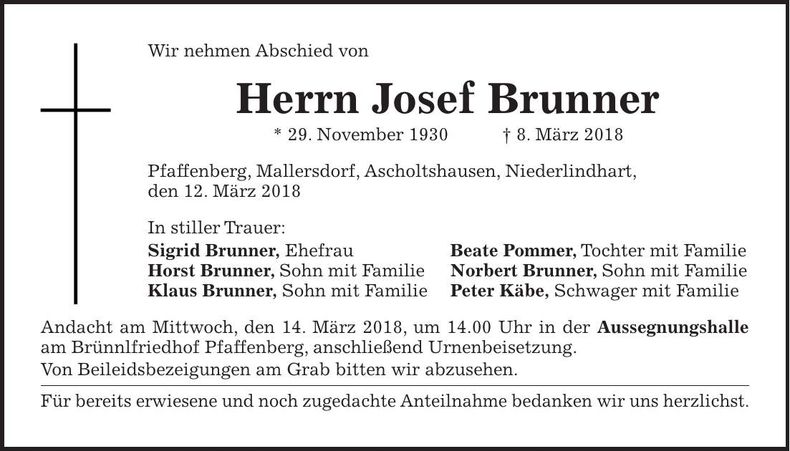 Traueranzeige Josef Brunner