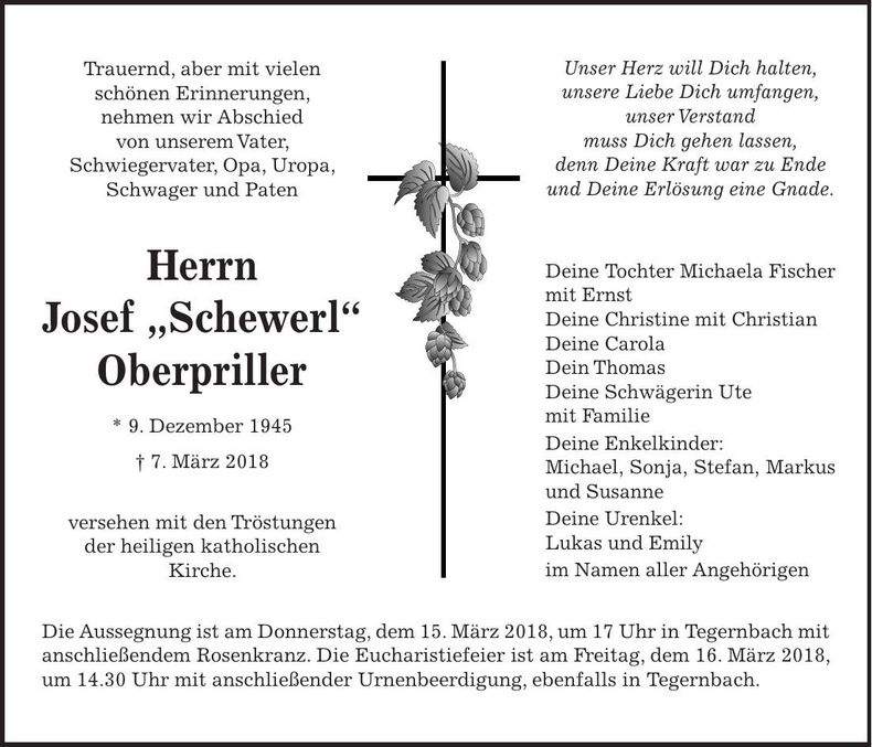 Traueranzeige Josef Oberpriller