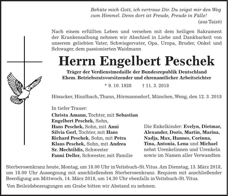 Traueranzeige Engelbert Peschek