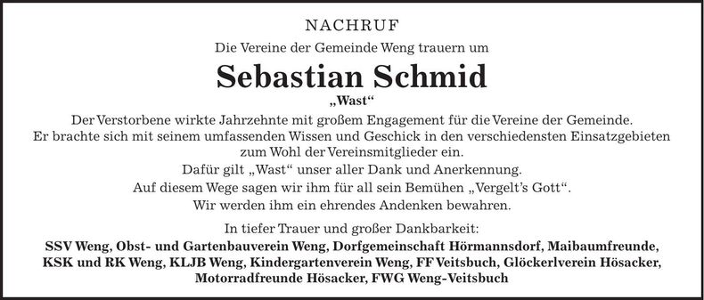 Traueranzeige Sebastian Schmid
