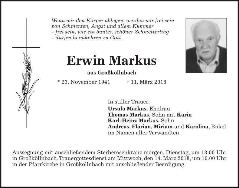 Traueranzeige Erwin Markus