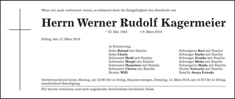 Traueranzeige Werner Rudolf Kagermeier