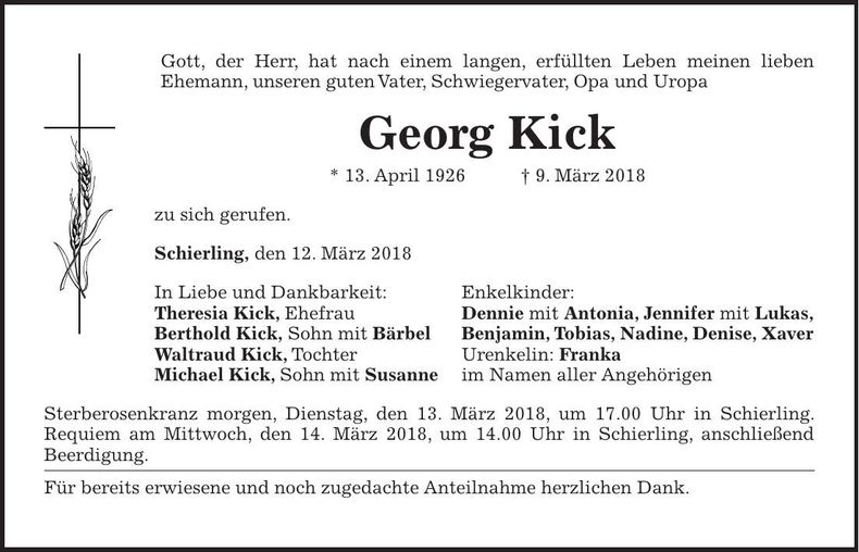 Traueranzeige Georg Kick