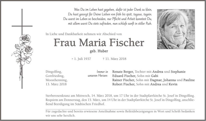 Traueranzeige Maria Fischer