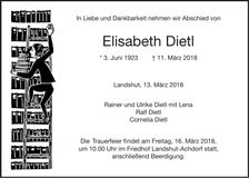 Traueranzeige Elisabeth Dietl