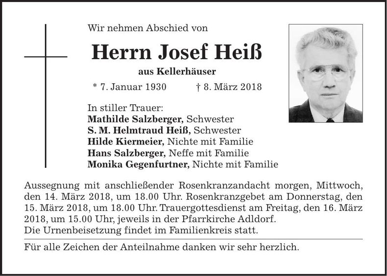 Traueranzeige Josef Heiß