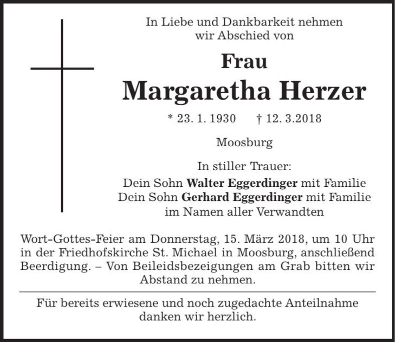 Traueranzeige Margaretha Herzer