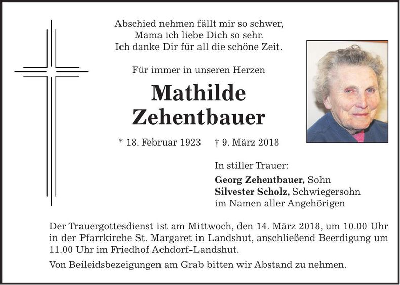 Traueranzeige Mathilde Zehentbauer