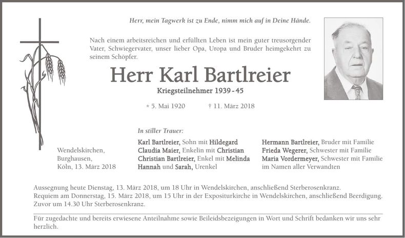 Traueranzeige Karl Bartlreier