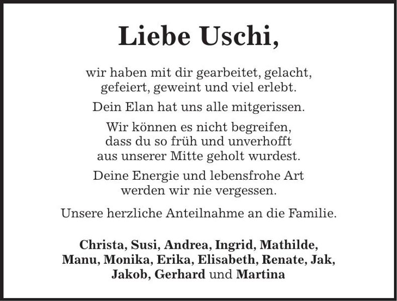 Traueranzeige Uschi Wiesbeck