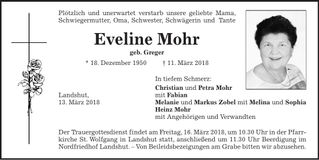 Traueranzeige Eveline Mohr