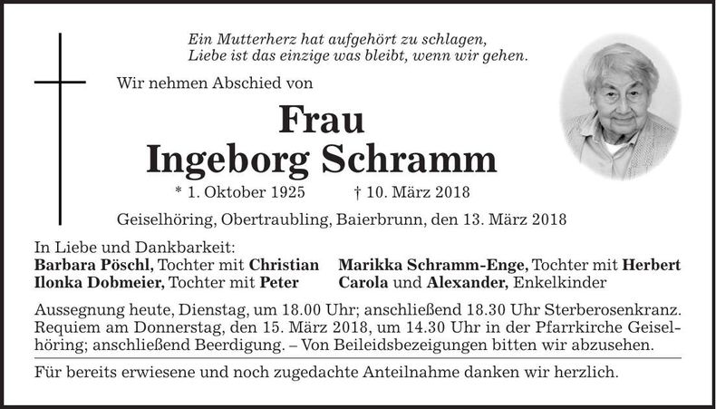 Traueranzeige Ingeborg Schramm