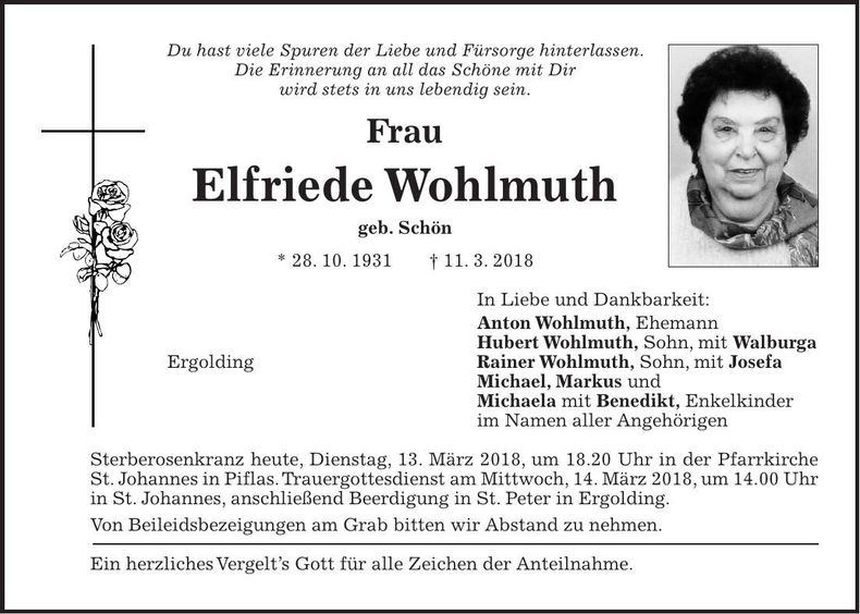 Traueranzeige Elfriede Wohlmuth