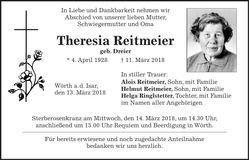 Traueranzeige Theresia Reitmeier