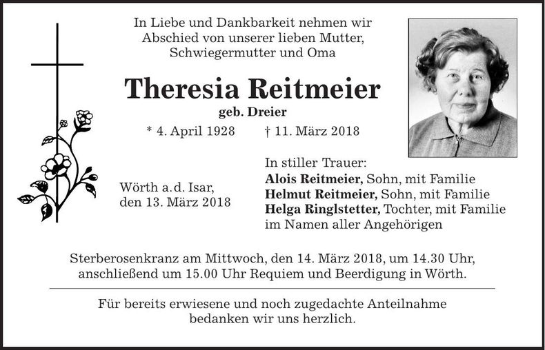 Traueranzeige Theresia Reitmeier
