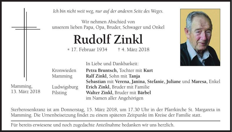 Traueranzeige Rudolf Zinkl.