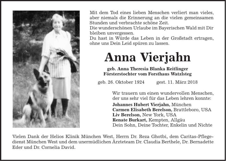 Traueranzeige Anna Vierjahn