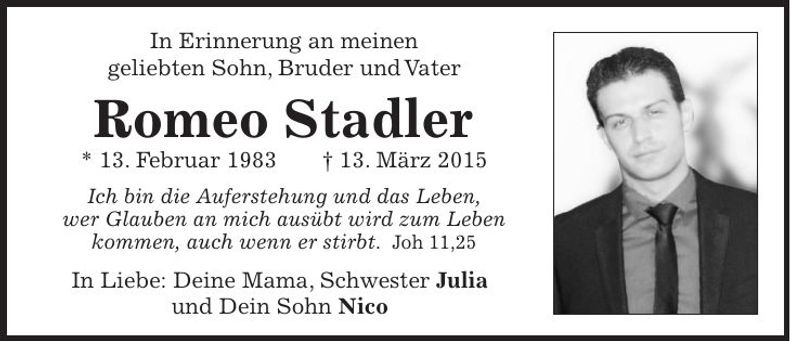 Traueranzeige Romeo Stadler
