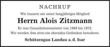 Traueranzeige Alois Zitzmann