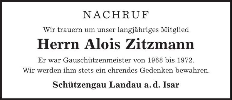 Traueranzeige Alois Zitzmann