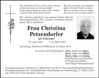 Traueranzeige Petzendorfer Christina