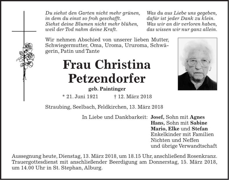 Traueranzeige Petzendorfer Christina