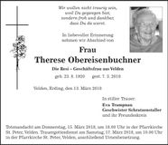 Traueranzeige Therese Obereisenbuchner