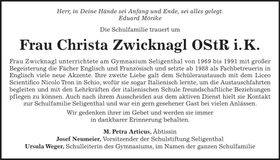 Traueranzeige Christa Zwicknagl