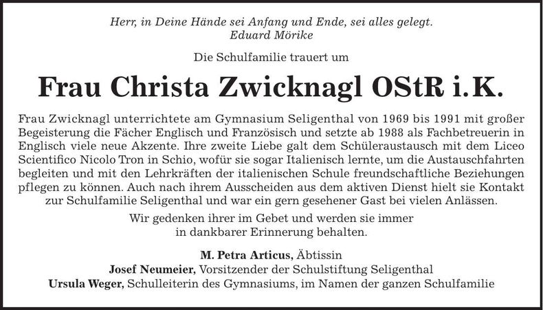 Traueranzeige Christa Zwicknagl