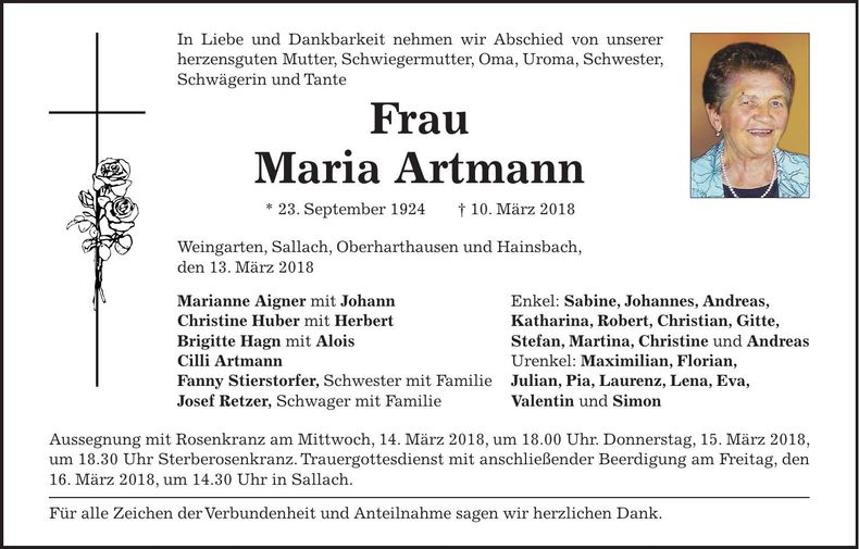 Traueranzeige Maria Artmann
