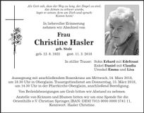 Traueranzeige Christine Hasler