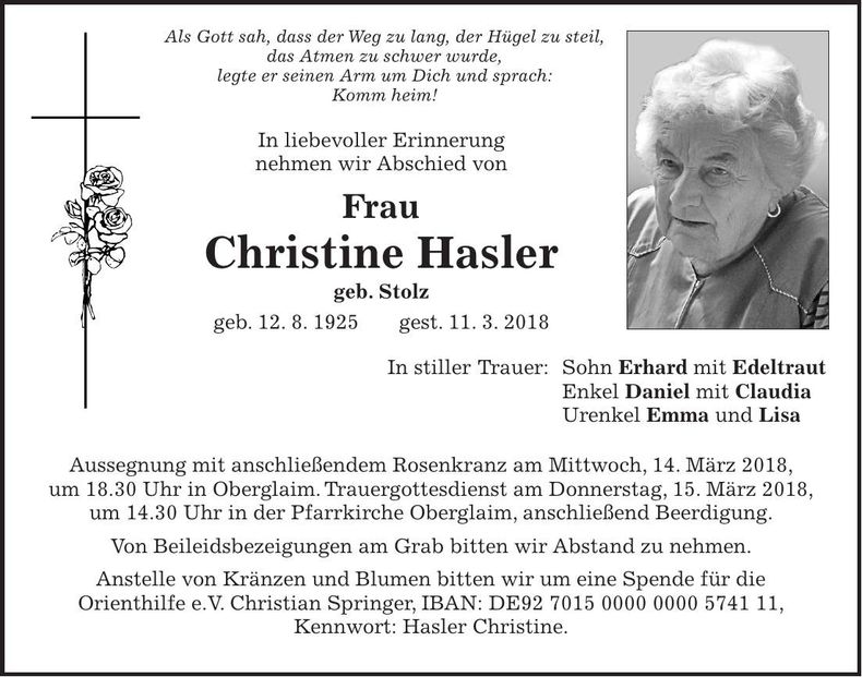 Traueranzeige Christine Hasler
