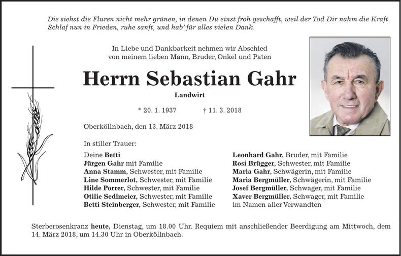 Traueranzeige Sebastian Gahr