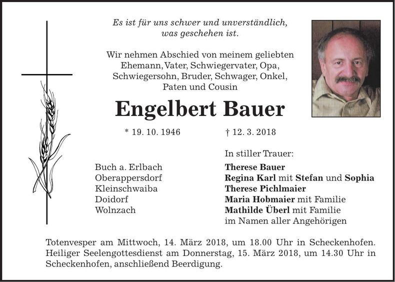 Traueranzeige Engelbert Bauer