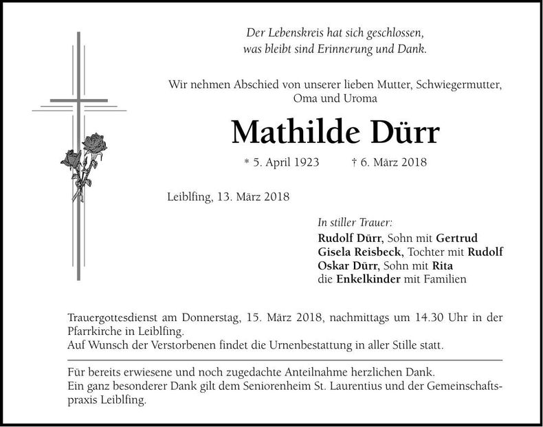 Traueranzeige Mathilde Dürr