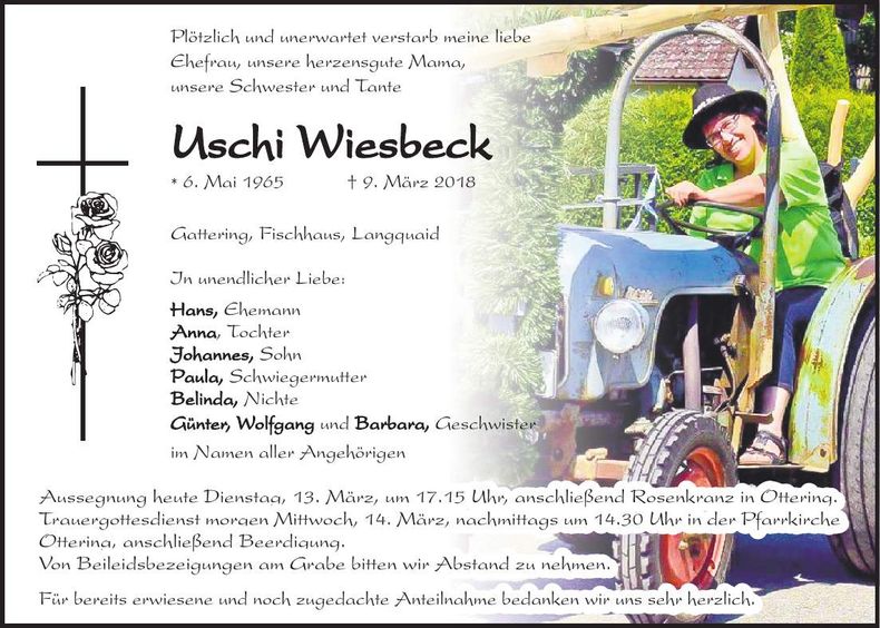 Traueranzeige Uschi Wiesbeck