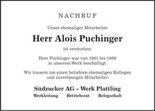 Traueranzeige Alois Puchinger
